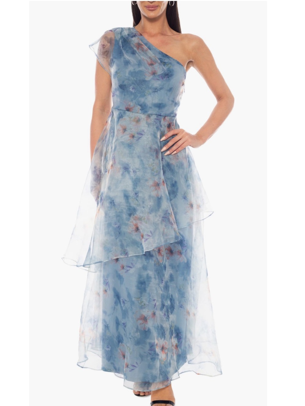 Oleg Cassini One shoulder floral organza gown
